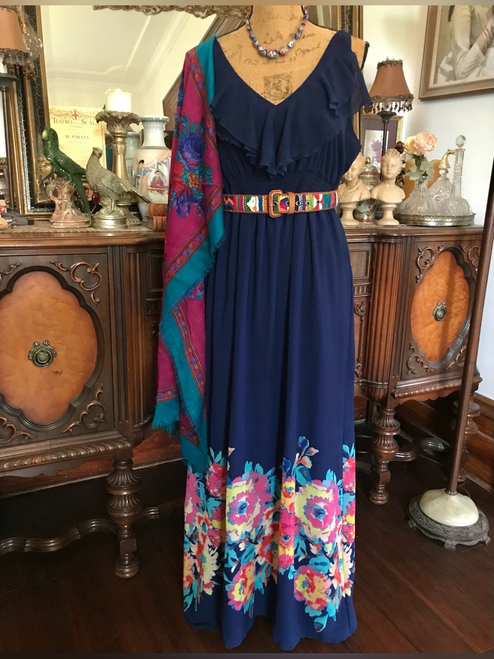 Vintage Boho Hippie Gypsie Floral Print Latin-inspo Dress & Wool Floral Shawl